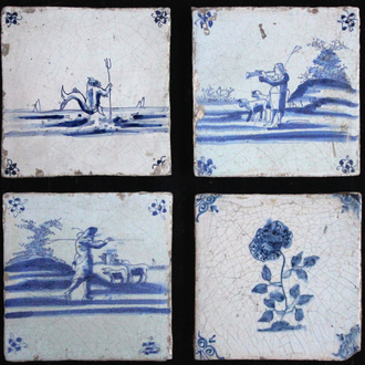 Lot de 4 carreaux en faïence de Delft, bleu et blanc, scènes divers, poss. Lille ou Gand, 17e