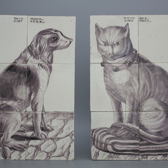 Paire de tableaux de carreaux en faïence de Delft, manganèse, portraits de chat et chien, 18e