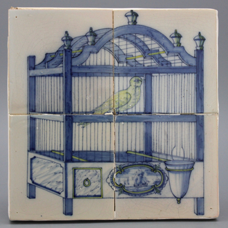 Tableau en faïence de Delft, cage d'oiseau, carreaux à décor bleu et jaune