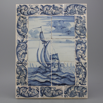 A Dutch Delft blue and white tile panel with a herring buss boat, 18th C.