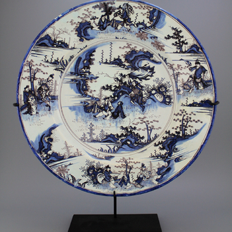A massive French faience Nevers blue and manganese chinoiserie charger, 17th C.