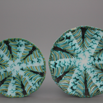 Two lobed Brussels faience plates with leaf patterns, 18th C.