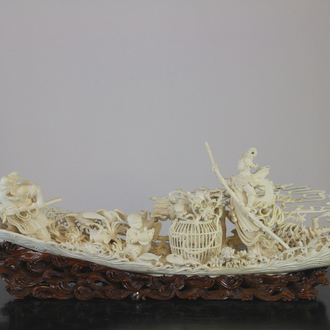 An important large Chinese ivory waterfront group on wood stand, Cultural Revolution