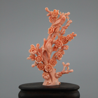 A carved Chinese red coral sculpture of birds and flowers, 19/20th C.