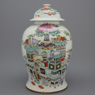 A Chinese porcelain baluster vase and cover, Qianjiangcai style, 19/20th C.