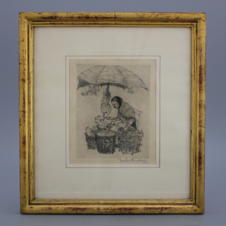 Jules Fonteyne (1878-1964), A woman selling fish, etching