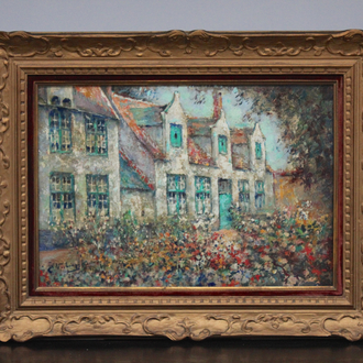 Charles Verbrugghe (1877-1975), "Jardin Fleurie au Béguinage", Bruges, huile sur panneau