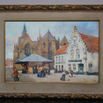 Louis Titz (1859-1932), aquarel, "De Markt van Diksmuide", dated 1912