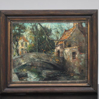 Bernard Bosschaert (1935- ), Zicht op de Bonifaciusbrug in Brugge, olie op doek