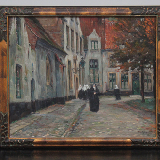 Lionel Poupaert (1900-1989), "Béguines au Béguinage de Bruges", huile sur bois, daté 1917
