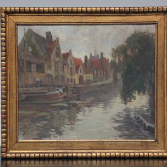 Alfred Van Neste (1874-1969), a view on the Groenerei in Bruges, gouache on board