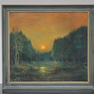 Bernard Bosschaert (1935- ), Zonsondergang in een bos, olie op doek
