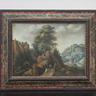 École anversoise, début 17e, "Voyageurs dans un paysage", huile sur toile