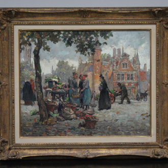 Alfred Van Neste (1874-1969), "Échoppe aux légumes au quaie des Rosaux", oil on panel