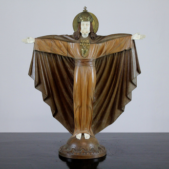 Bijzondere sculptuur van Christus, hout en ivoor, kunstatelier De Wispelaere, Brugge, 1e helft 20e