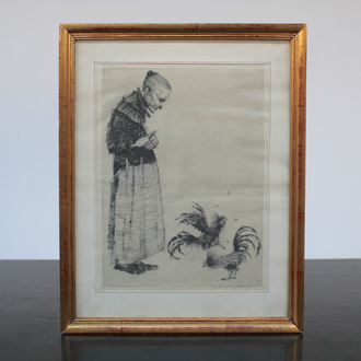 Jules Fonteyne (1878-1964), Woman with cockerels, etching