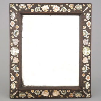 A "Bois de Spa" mother of pearl, stained horn, and brass inlaid mirror frame, 17th C.