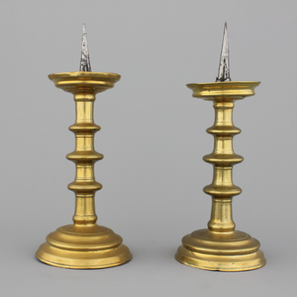 A pair of Nuremberg brass pricket candlesticks, ca. 1500