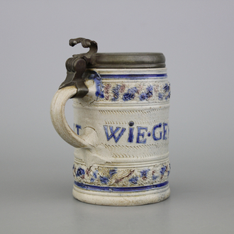 A rare Westerwald pewter-mounted inscribed beer mug, 17th C.