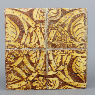 A set of 4 medieval French floor tiles, ca. 1500