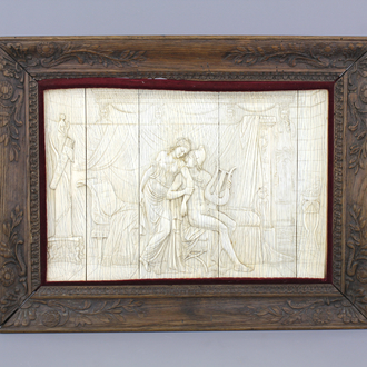 A carved ivory panel depicting Apollo playing the lyra for Daphne, probably Dieppe, 19th C.