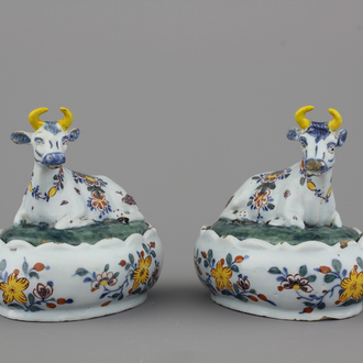 A pair of Dutch Delft butter tubs shaped as cows, 18th C.