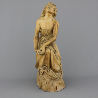 A large carved wood figure of a kneeling lady, ca. 1800