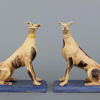 A pair of Brussels faience models of greyhounds, 18th C.