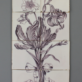 Tableau en faïence manganèse de Delft, décor bouquet, 19e-20e