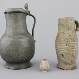 A Raeren stoneware jug, a pewter jug and a stoneware miniature, 15/18th C.