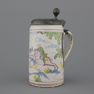 A German pewter-mounted polychrome faience beer stein, 18th C.