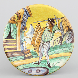 A Montelupo maiolica dish with a charging soldier, 19th C.