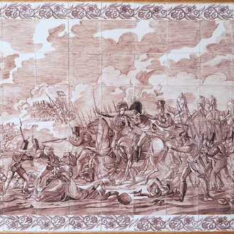 A large Dutch Delft manganese tile mural depicting the battle of Waterloo, ca. 1820