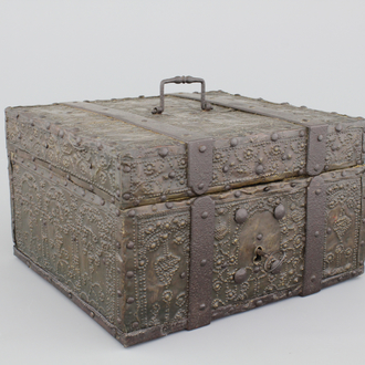 A cast and pierced iron and wood document's box, 17/18th C., German (?)
