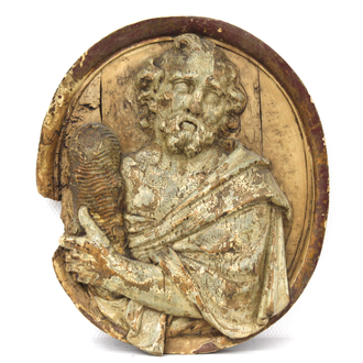 A carved wood oval panel depicting Judas Thadeus, early 17th C., Antwerp (?)