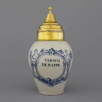 An exceptional Brussels or Lille Delftware tobacco jar "TABACQ DE RAPPE", 18th C.
