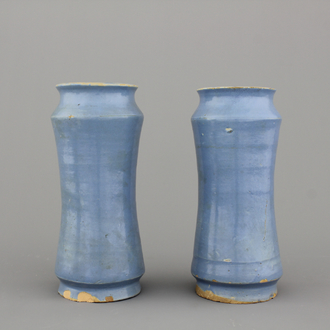 A pair of monochrome blue Spanish albarello, 18th C.