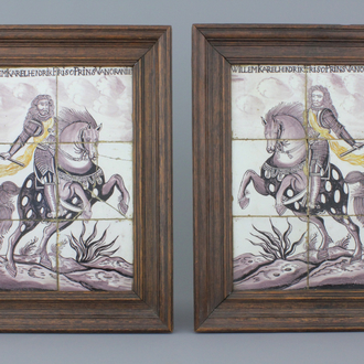 Paire de carreaux muraux rare en faïence de Delft, manganèse et jaune, décor portraits de cavaliers royaux, 1e moitié 18e