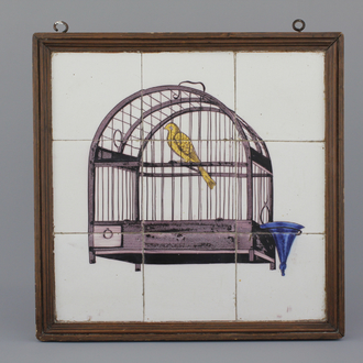 9-delig Delfts tegeltableau met vogel in een kooi, 18e eeuw
