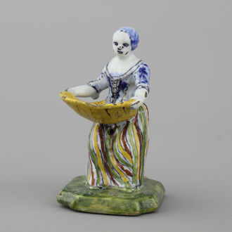 A very fine Dutch Delft polychrome salt, modelled as a lady, 18th C.