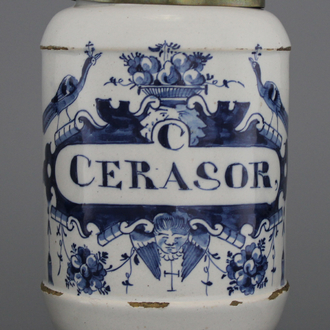 A Dutch Delft blue and white pharmacy jar, albarello form, 18th C.