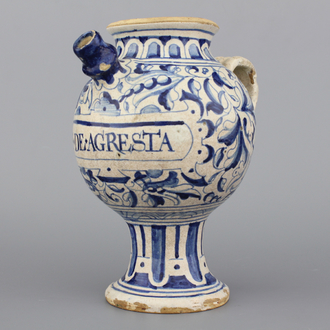 An Antwerp maiolica blue and white syrup jar with "a foglie" decor, ca. 1580