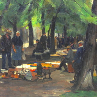 Leo Mechelaere (1880-1964), Zicht op de vlooienmarkt langs de Dijver te Brugge
