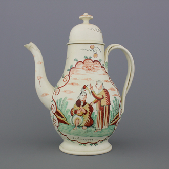 A Dutch-decorated English Leeds creamware coffee jug and lid, 18th C.