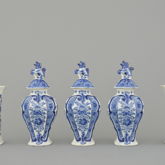 A Dutch Delft blue and white Porceleyne Fles garniture, 18th C.