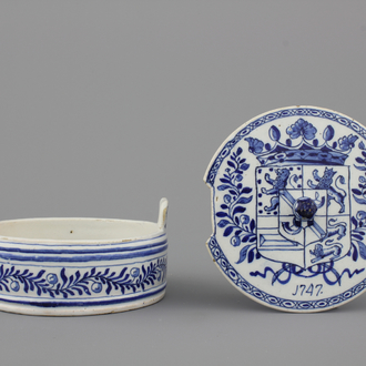 A rare Dutch Delft blue and white royal armorial butter tub, dated 1747