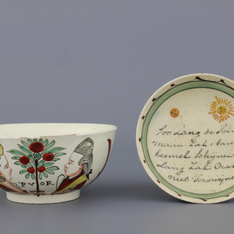 Bol rare anglais "creamware" peint en Hollande, décor portrait royal, Leeds, et petit plat avec inscription, 18e