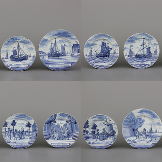 Lot van 12 blauw en witte Delftse borden met decor van de "Haringvangst", 18e eeuw