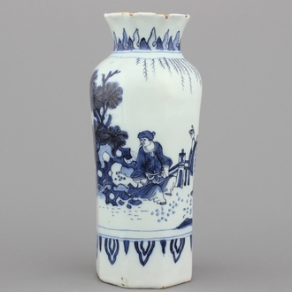 A Dutch Delft chinoiserie Ming style rouleau vase, 17th C.