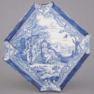 Zeldzame blauw en witte bijbelse plaquette in Delfts aardewerk, Amsterdam